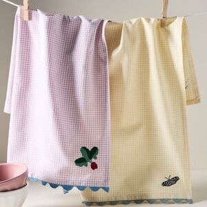 Anthropologie Radish & Moth Embroidered Dish Towels, Set/2-Gingham & Rickrack
